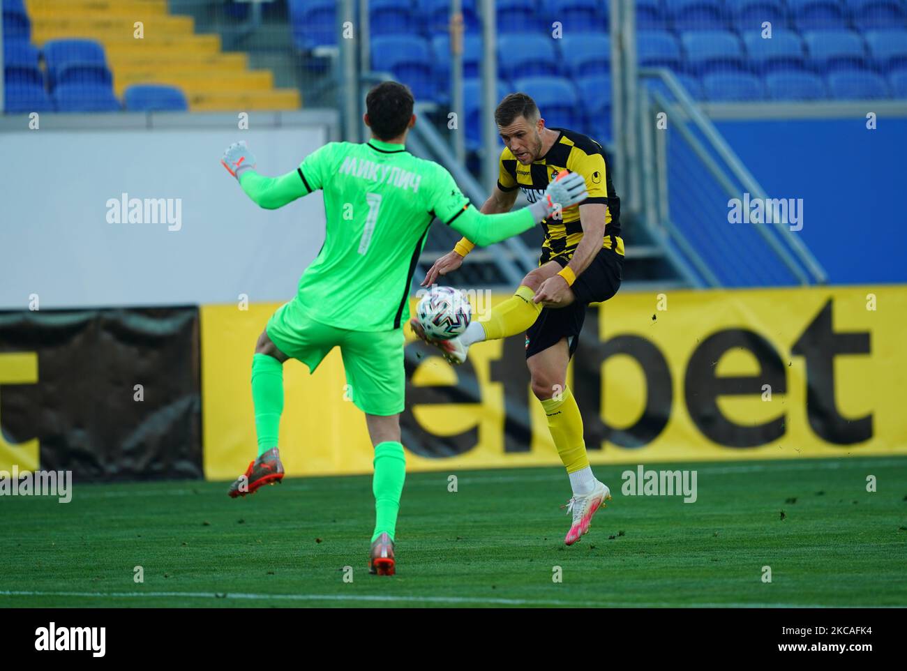 Zvonimir Mikulic of Levski Sofia and Atanas Iliev of Botev Plovdiv during the Efbet Liga match between Levski Sofia and Botev Plovdiv at Vivacom Arena Georgi Asparuhov Stadium, Sofia, Bulgaria on March 7, 2021. (Photo by Ulrik Pedersen/NurPhoto) Stock Photo