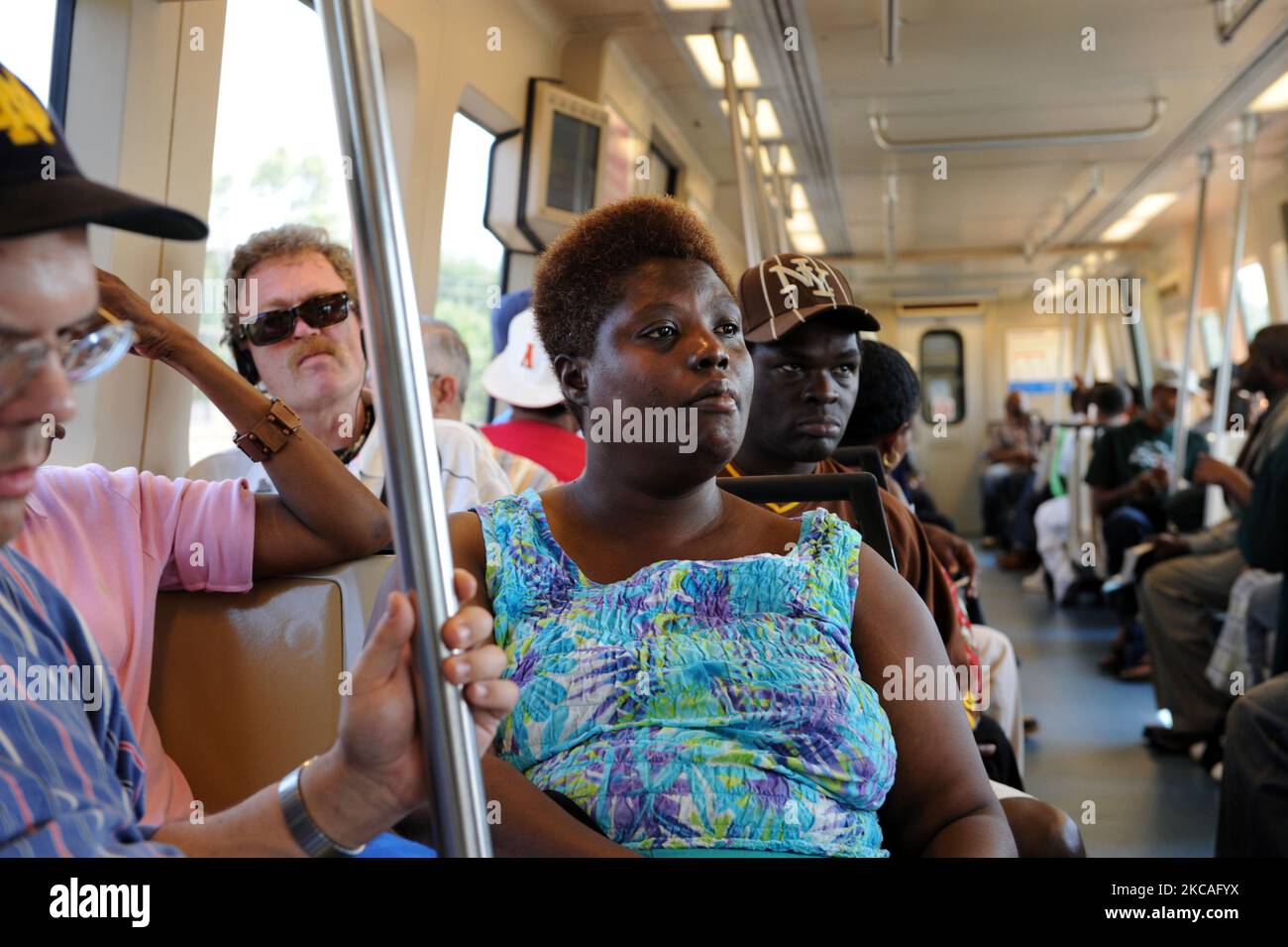 Decatur, Georgia. 4th Sep, 2009. Lois Curtis rides public transit trains on her way to a book fair in downtown Decatur in 2009. (Credit Image: © Robin Rayne/ZUMA Press Wire) Stock Photo