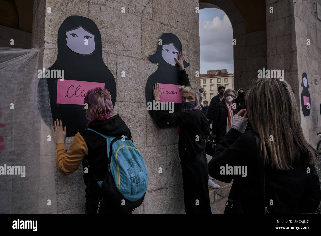 International women's day in Pisa, Italy, on March 8th, 2021. 'Non-una di meno' gathered in front of the town-hall of Pisa, after a Critical Mass through the city. (Photo by Enrico Mattia Del Punta/NurPhoto) Stock Photo