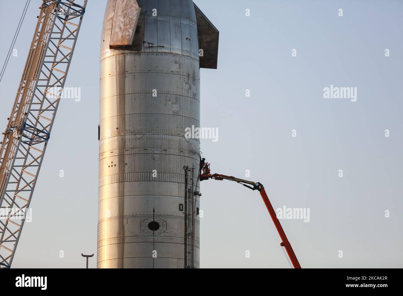 Starship SN-11 is seen at sunrise on March 9th at SpaceX's South Texas ...