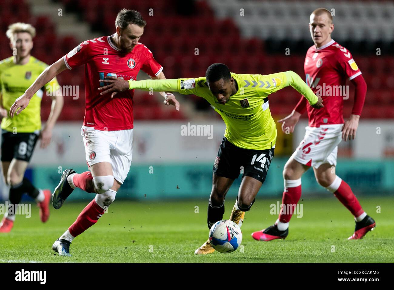 Mickel Miller of Northampton Town and Chris Gunter of Charlton compete for the ball during the Sky Bet League 1 match between Charlton Athletic and Northampton Town at The Valley, London on Tuesday 9th March 2021. (Photo by Juan Gasparini/MI News/NurPhoto) Stock Photo