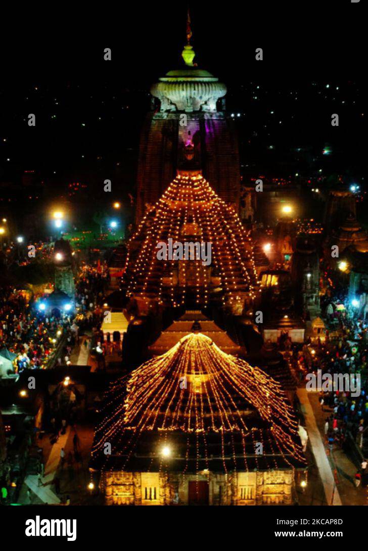 Lingaraj temple illuminated on the Maha Shivaratri festival evening at the eastern Indian state odisha's temple city Bhubaneswar (Photo by STR/NurPhoto) Stock Photo