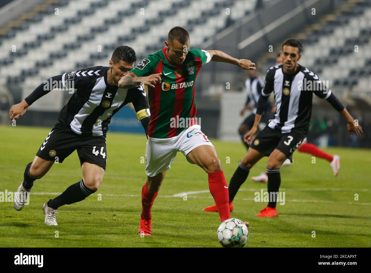 CS Maritimo forward Edgar Costa battle for the ball during the Liga Nos match between CD Nacional and CS Maritimo at Estádio da Madeira on March 12, 2021 in Funchal, Madeira, Portugal. (Photo by Valter Gouveia/NurPhoto) Stock Photo