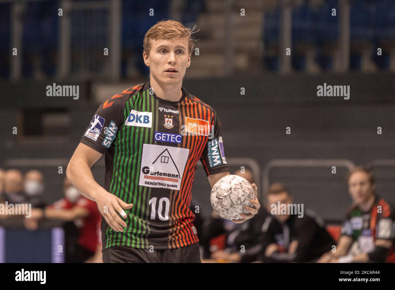 Omar Ingi Magnusson of SC Magdeburg controls the ball during the LIQUI MOLY Handball-Bundesliga match between SC Magdeburg and HSC 2000 Coburg at GETEC-Arena on March 07, 2021 in Magdeburg, Germany. (Photo by Peter Niedung/NurPhoto) Stock Photo