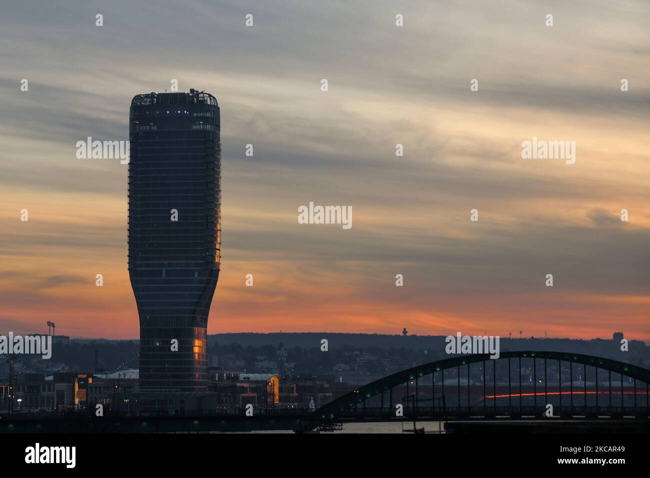 Sunset in Belgrade: Old Sava Bridge and Belgrade Tower. Serbia Stock Photo