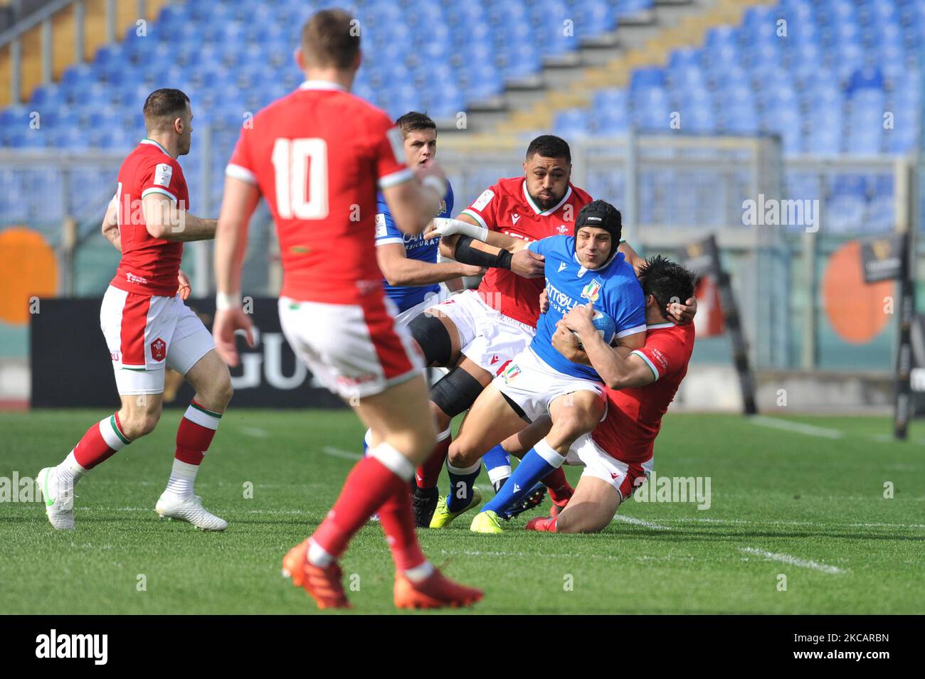Juan Ignacio Brex of Italy in action during the 2021 Guinness Six Nations Rugby Championship match between Italy and Wales at the Olimpic Stadium (Stadio Olimpico) in Rome, Italy, on March 13, 2021. The match is played behind closed doors because of Covid19 pandemy. (Photo by Lorenzo Di Cola/NurPhoto) Stock Photo