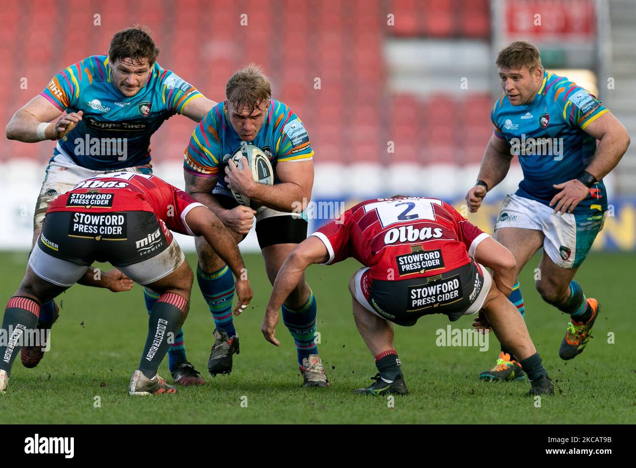 Luan de Bruin of Leicester Tigers in action during the Gallagher Premiership match between Gloucester Rugby and Leicester Tigers at Kingsholm Stadium, Gloucester on Saturday 13th March 2021. (Photo by Juan Gasparini/MI News/NurPhoto) Stock Photo