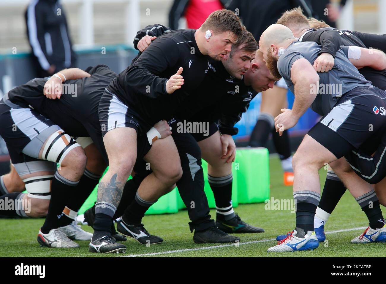 Falcons players do some scrummage practice before the Gallagher Premiership match between Newcastle Falcons and Bath Rugby at Kingston Park, Newcastle on Saturday 13th March 2021. (Photo by Chris Lishman/MI News/NurPhoto) Stock Photo