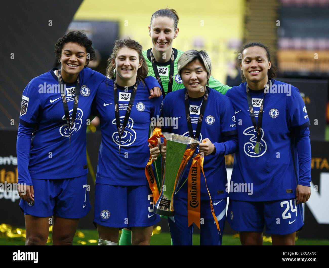 L-R Chelsea Ladies Jessica Carter Chelsea Ladies Hannah Blundell Chelsea Ladies Ann-Katrin BergerChelsea Ladies Ji So Yun and Chelsea Ladies Drew Spence with Trophy after FA Women's Continental Tyre League Cup Final between Bristol City and Chelsea at Vicarage Road Stadium , Watford, UK on 14th March 2021 (Photo by Action Foto Sport/NurPhoto) Stock Photo