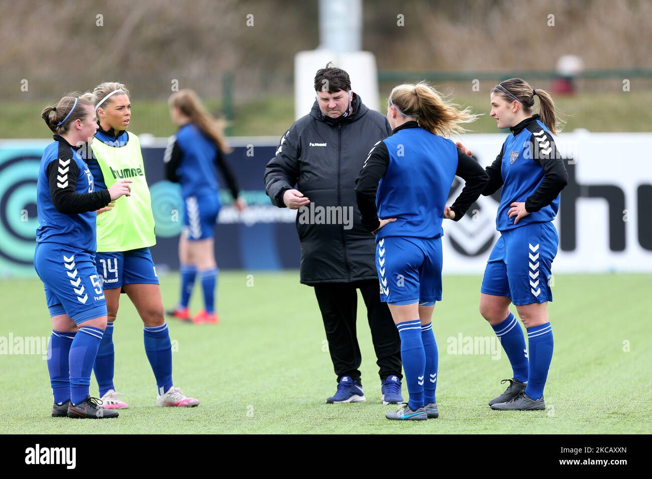 Lee Sanders the Durham Women's manager gives ome last minute instructions to (L-R) Sarah Wilson, Becky Salicki , Abby Holmes and Ellie Christon during the FA Women's Championship match between Durham Women FC and Leicester City at Maiden Castle, Durham City, England on 14th March 2021. (Photo by Mark Fletcher/MI News/NurPhoto) Stock Photo