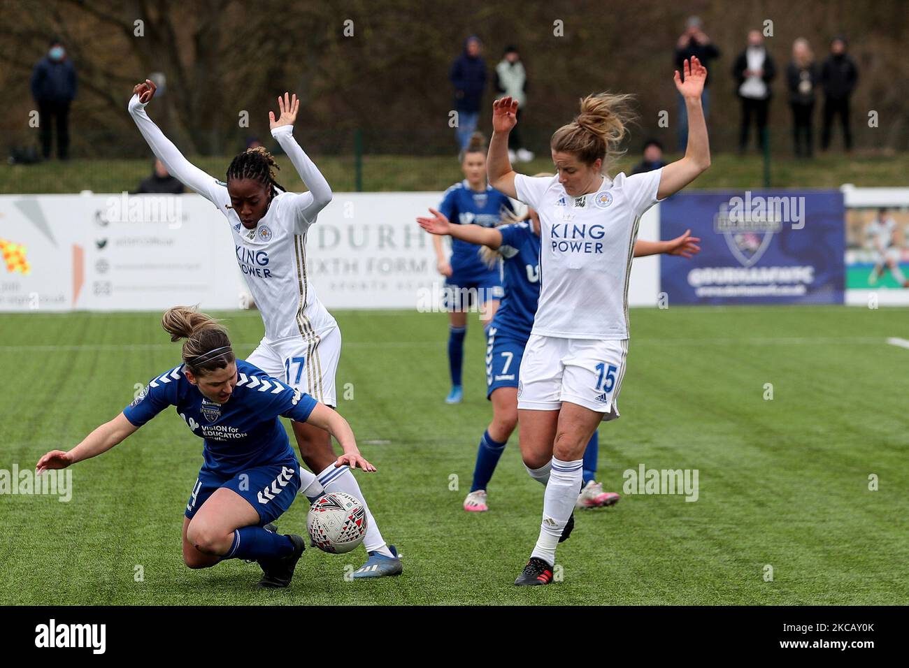 Abby Holmes of Durham Women goes down after a challenge from Leicester City's Paige BAILEY-GAYLE during the FA Women's Championship match between Durham Women FC and Leicester City at Maiden Castle, Durham City, England on 14th March 2021. (Photo by Mark Fletcher/MI News/NurPhoto) Stock Photo