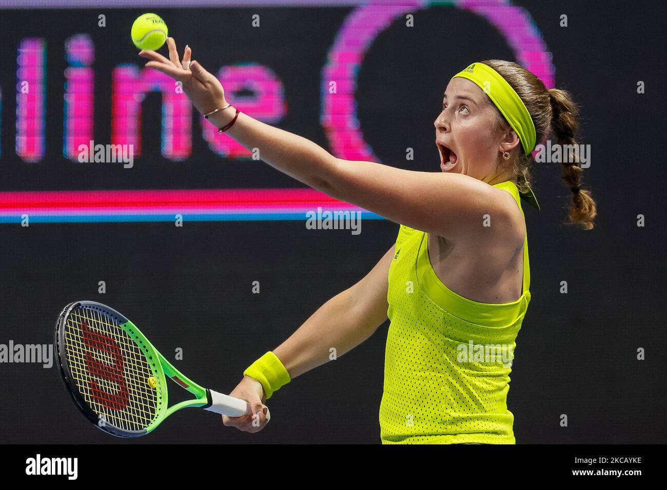 Jelena Ostapenko of Latvia serves the ball to Paula Badosa of Spain during  their WTA St. Petersburg Ladies Trophy 2021 tennis tournament first round  match on March 15, 2021 at Sibur Arena