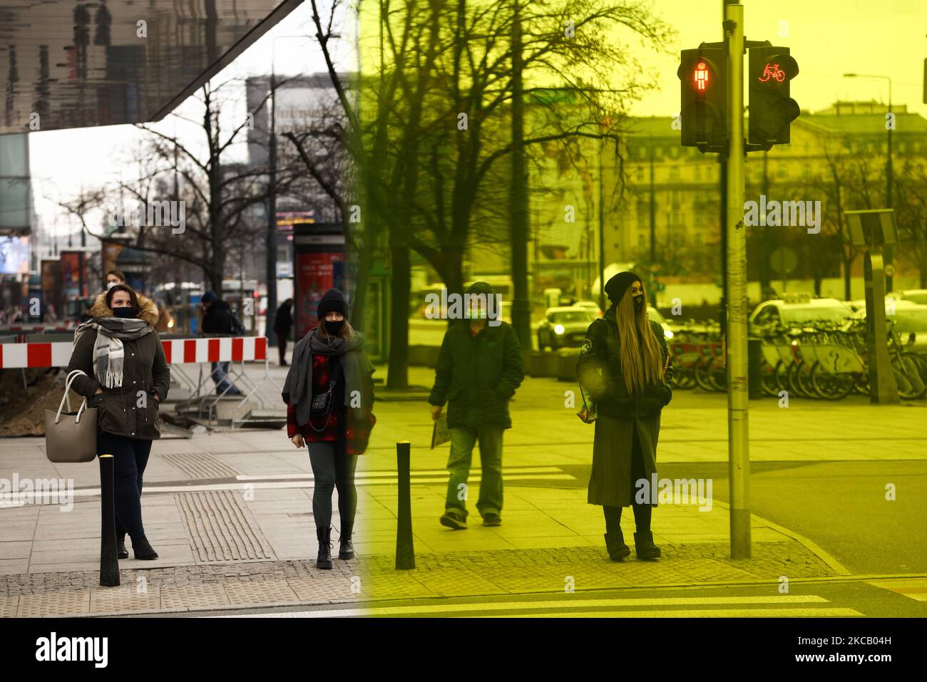 People are seen through a the tinted glass of a subway station at a crossing in Warsaw, Poland on March 15, 2021. The Polish health ministry imposed a lockdown in two counties following a surge in new cases of coronavirus infections. Poland has seen its cases rise sharply and briefly hit the top 5 worldwide in absolute number of deaths. In the Masovian voivodship where the capital Warsaw is located hotels, shopping malls, cinemas and cultural institutions will be closed for two weeks starting March 15. (Photo by Jaap Arriens/NurPhoto) Stock Photo