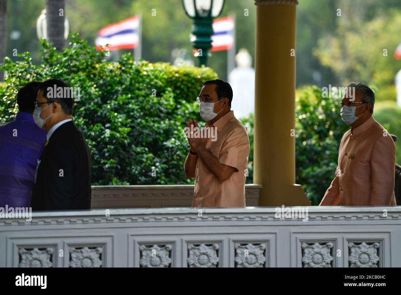 Thailand'S Prime Minister Prayut Chan-O-Cha (center) arrives at the Thai Government House for weekly cabinet meeting on March 16, 2021 in Bangkok, Thailand. (Photo by Vachira Vachira/NurPhoto) Stock Photo