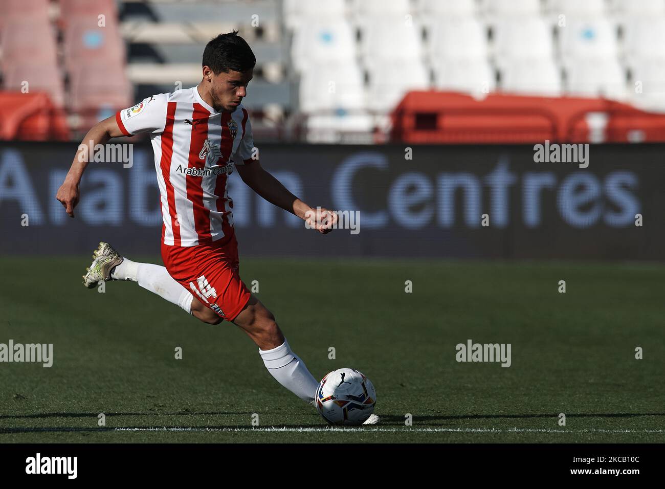 Lucas Robertone of Almeria does passed during the La Liga Smartbank match between UD Almeria and UD Las Palmas at Estadio Juegos del Mediterraneo on February 14, 2021 in Almeria, Spain. Sporting stadiums around Spain remain under strict restrictions due to the Coronavirus Pandemic as Government social distancing laws prohibit fans inside venues resulting in games being played behind closed doors. (Photo by Jose Breton/Pics Action/NurPhoto) Stock Photo