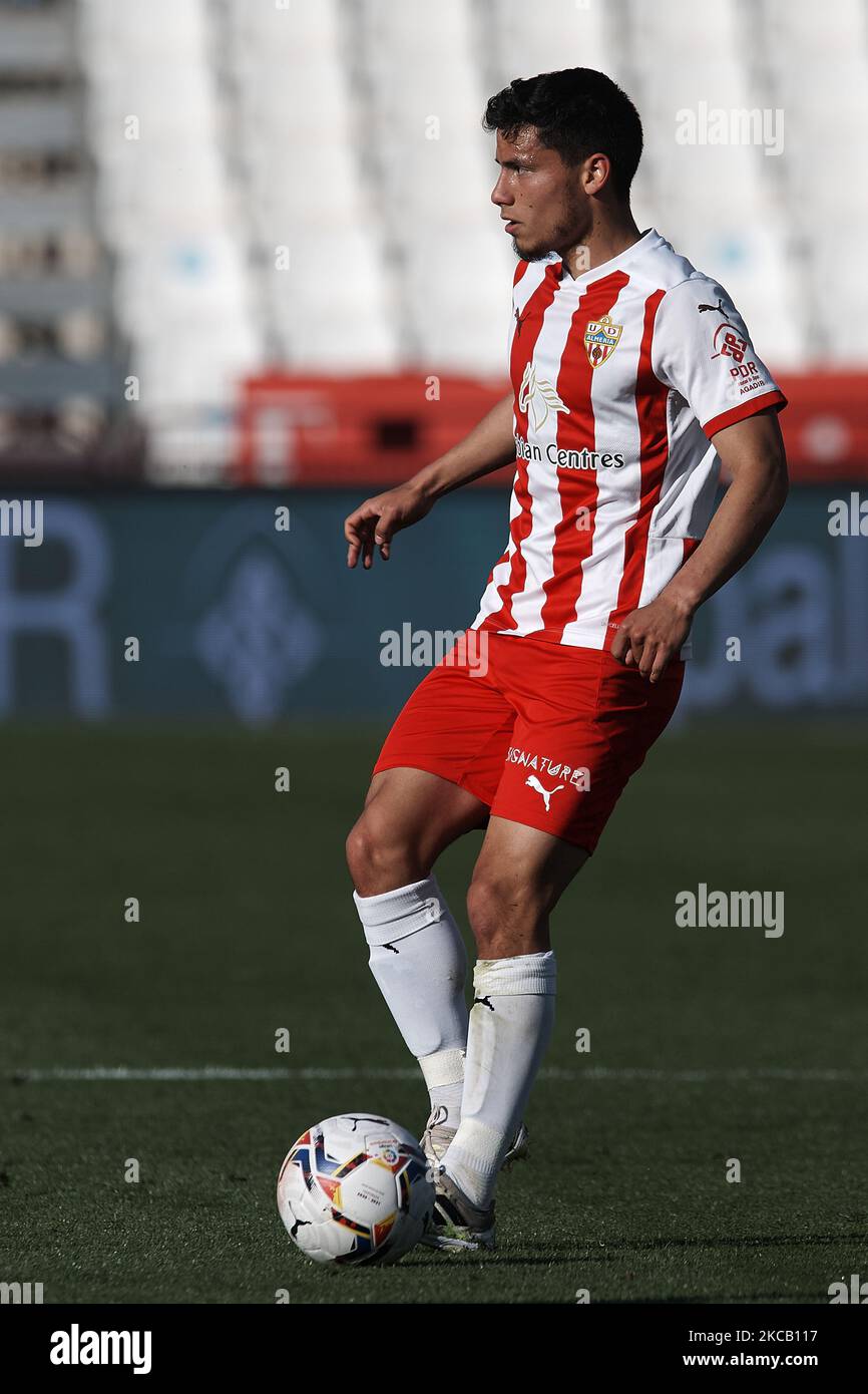 Lucas Robertone of Almeria controls the ball during the La Liga Smartbank match between UD Almeria and UD Las Palmas at Estadio Juegos del Mediterraneo on February 14, 2021 in Almeria, Spain. Sporting stadiums around Spain remain under strict restrictions due to the Coronavirus Pandemic as Government social distancing laws prohibit fans inside venues resulting in games being played behind closed doors. (Photo by Jose Breton/Pics Action/NurPhoto) Stock Photo