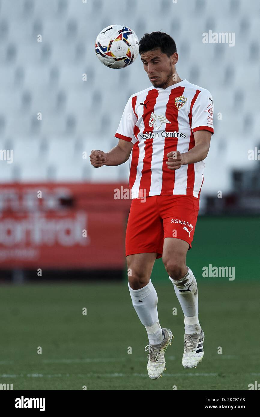Lucas Robertone of Almeria in action during the La Liga Smartbank match between UD Almeria and UD Las Palmas at Estadio Juegos del Mediterraneo on February 14, 2021 in Almeria, Spain. Sporting stadiums around Spain remain under strict restrictions due to the Coronavirus Pandemic as Government social distancing laws prohibit fans inside venues resulting in games being played behind closed doors. (Photo by Jose Breton/Pics Action/NurPhoto) Stock Photo
