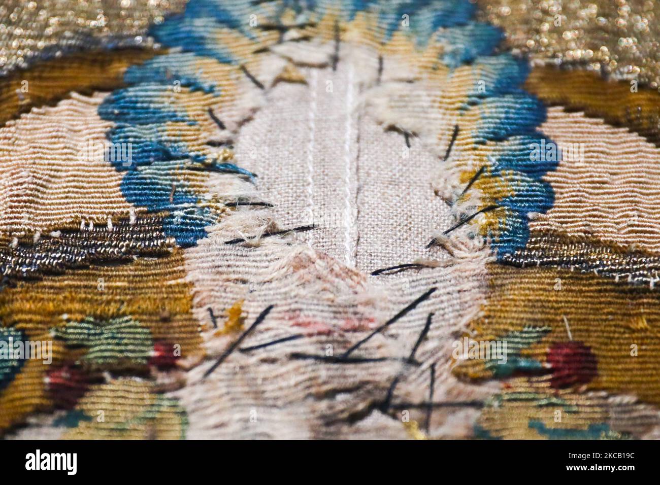 A partially damaged tapestry is shown during the major exhibition 'All the King’s Tapestries: Homecomings 2021-1961-1921' at the Wawel Royal Castle in Krakow, Poland on March 16, 2021. For the first time all 137 of the royal tapestries from the collection of King Sigismund II Augustus that are preserved in Poland are now open for viewers for six months.Tapestries from the leading Brussels’ workshops in the mid-1500s, range from monumental figurative textiles with biblical scenes, through verdures depicting animals and armorial tapestries, to small tapestries meant to cover furniture. (Photo by Stock Photo