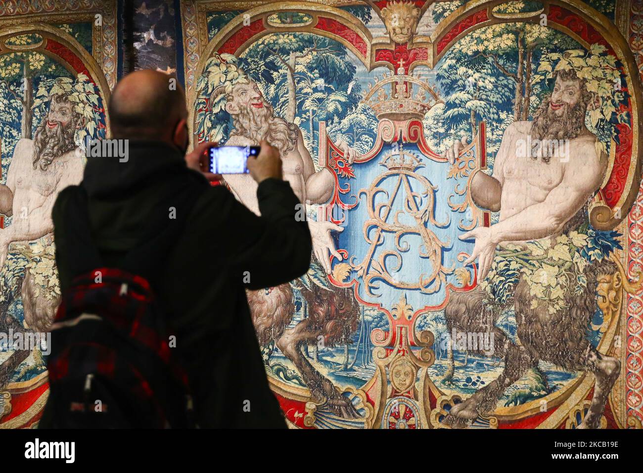 The major exhibition 'All the King’s Tapestries: Homecomings 2021-1961-1921' is presented at the Wawel Royal Castle in Krakow, Poland on March 16, 2021. For the first time all 137 of the royal tapestries from the collection of King Sigismund II Augustus that are preserved in Poland are now open for viewers for six months.Tapestries from the leading Brussels’ workshops in the mid-1500s, range from monumental figurative textiles with biblical scenes, through verdures depicting animals and armorial tapestries, to small tapestries meant to cover furniture. (Photo by Beata Zawrzel/NurPhoto) Stock Photo