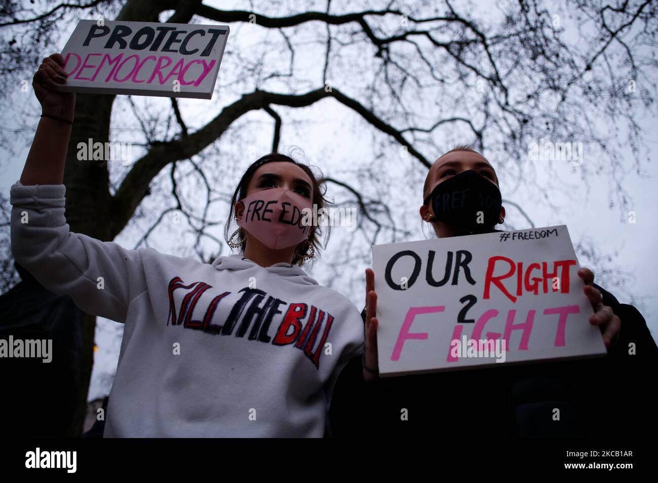 Activists protesting violence against women and new police powers contained in the government's Police, Crime, Sentencing and Courts Bill demonstrate in Parliament Square in London, England, on March 16, 2021. The event followed similar protests yesterday and on Sunday sparked by clashes between women and police officers at a memorial vigil on Clapham Common on Saturday evening for murdered 33-year-old Sarah Everard. (Photo by David Cliff/NurPhoto) Stock Photo