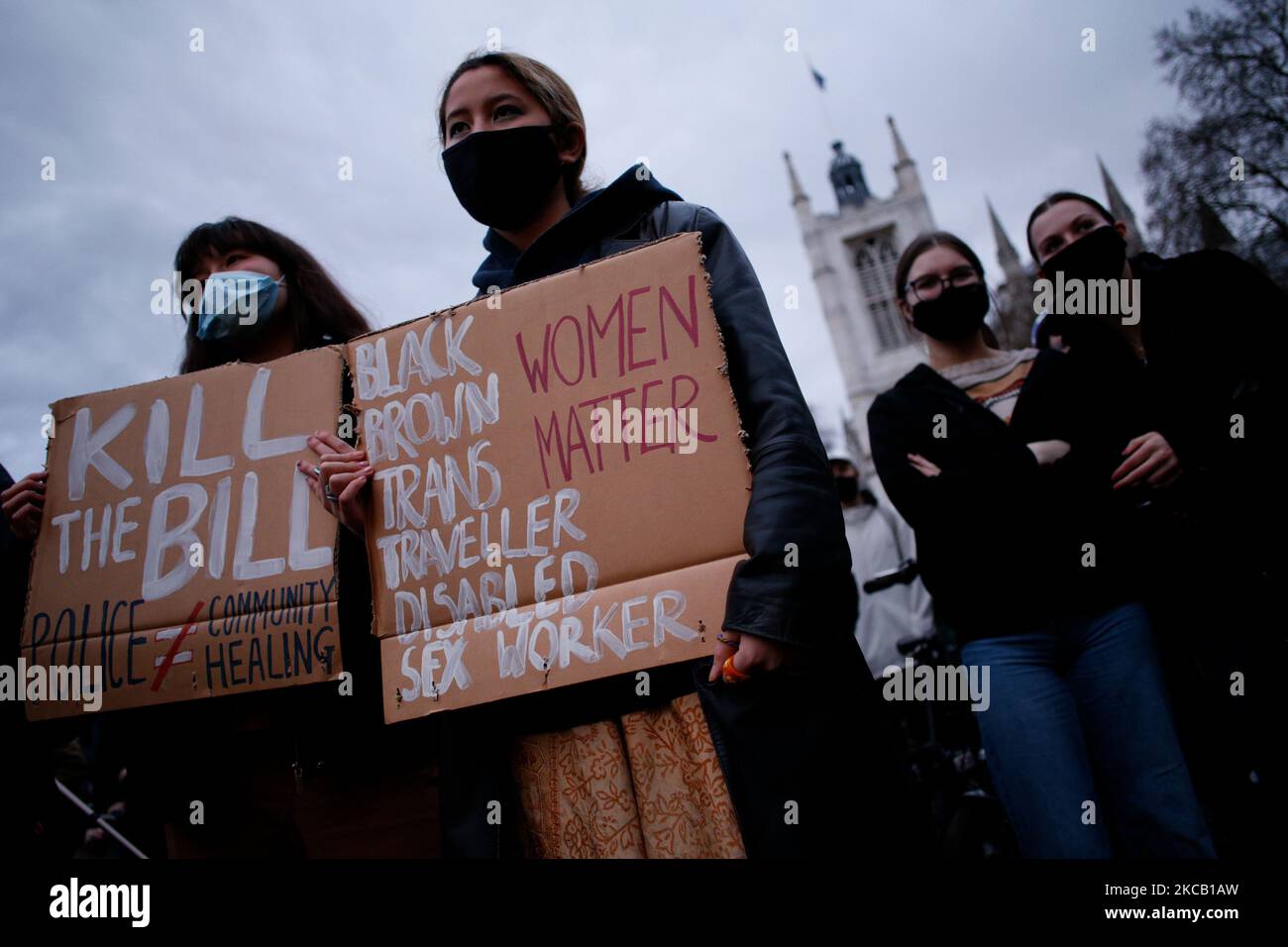 Activists protesting violence against women and new police powers contained in the government's Police, Crime, Sentencing and Courts Bill demonstrate in Parliament Square in London, England, on March 16, 2021. The event followed similar protests yesterday and on Sunday sparked by clashes between women and police officers at a memorial vigil on Clapham Common on Saturday evening for murdered 33-year-old Sarah Everard. (Photo by David Cliff/NurPhoto) Stock Photo