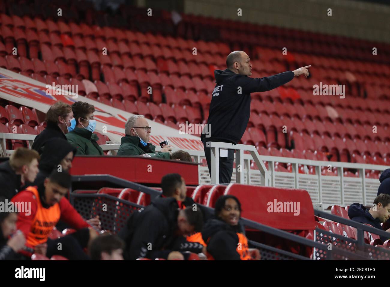 Preston North End manager Alex Neil gives instructions from the stand after being sent off during the Sky Bet Championship match between Middlesbrough and Preston North End at the Riverside Stadium, Middlesbrough on Tuesday 16th March 2021. (Photo by Mark Fletcher/MI News/NurPhoto) Stock Photo
