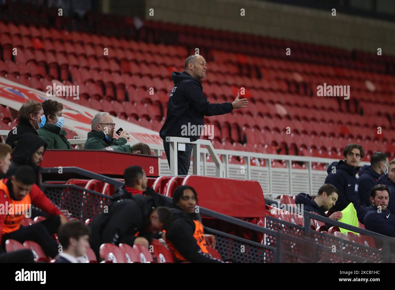 Preston North End manager Alex Neil gives instructions from the stand after being sent off during the Sky Bet Championship match between Middlesbrough and Preston North End at the Riverside Stadium, Middlesbrough on Tuesday 16th March 2021. (Photo by Mark Fletcher/MI News/NurPhoto) Stock Photo