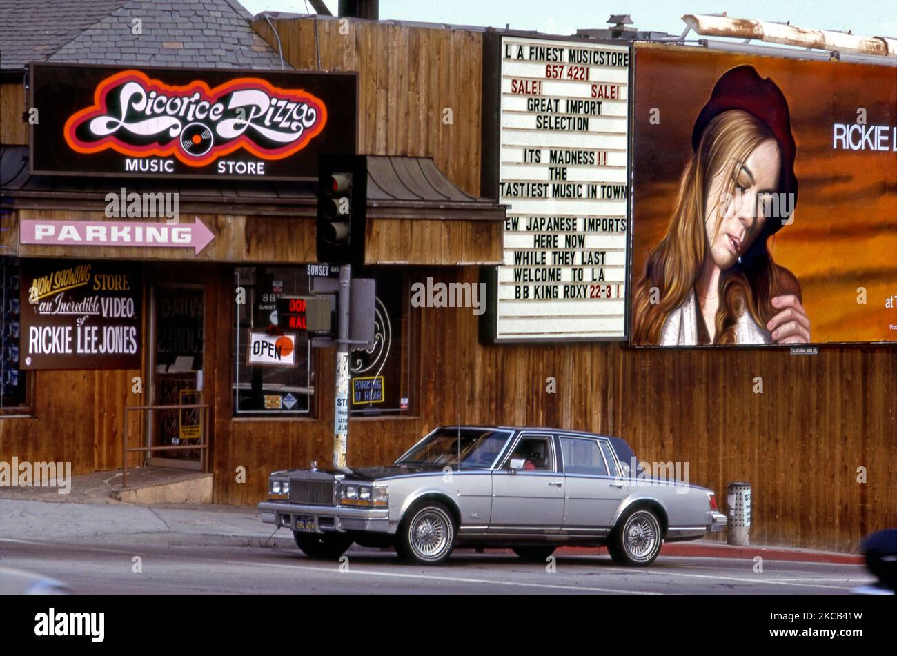 Licorice Pizza record store on the Sunset Strip with billboard and signs promoting Rickie Lee Jones album release in 1979 Stock Photo
