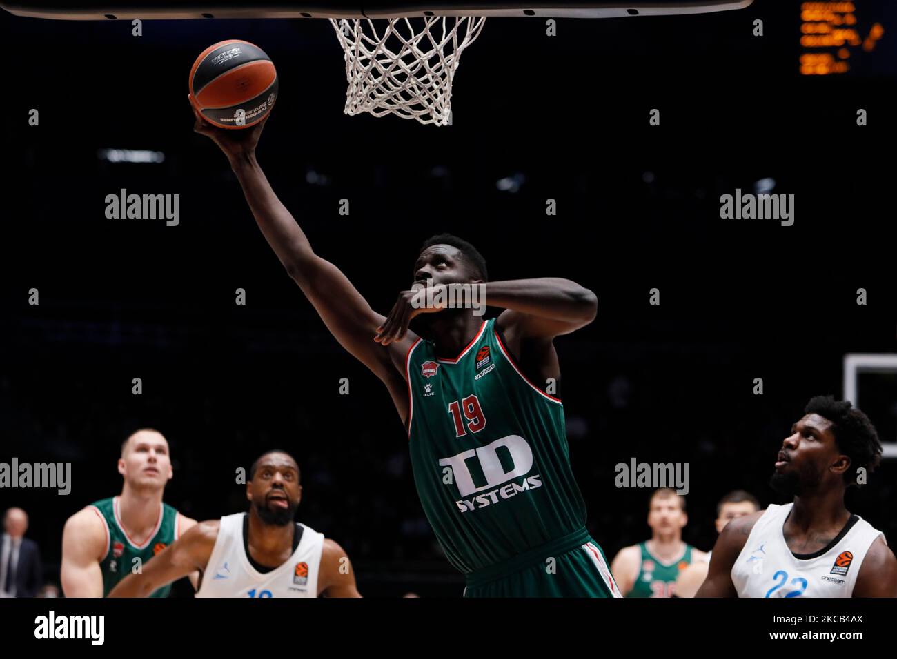 Youssoupha Fall (C) of Baskonia in action during the EuroLeague Basketball match between Zenit St. Petersburg and TD Systems Baskonia Vitoria-Gasteiz on March 18, 2021 at Yubileyny Sports Palace in Saint Petersburg, Russia. (Photo by Mike Kireev/NurPhoto) Stock Photo