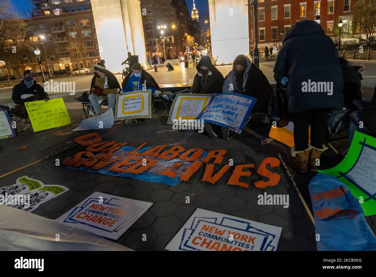 Laborers that were excluded from receiving stimulus check hold a hunger strike in NYC on March 19, 2021. these excluded workers, some undocumented have helped during the pandemic as essential workers working in delivery, restaurant and other jobs. (Photo by John Nacion/NurPhoto) Stock Photo