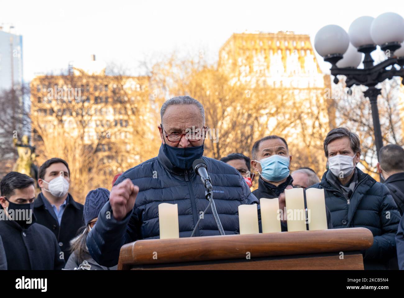 Senate Majority Leader Chuck Schumer of New York attends peace vigil for Atlanta Spa shooting victims of Asian hate at the Union Square in New York City, United States on March 19, 2021. (Photo by John Nacion/NurPhoto) Stock Photo