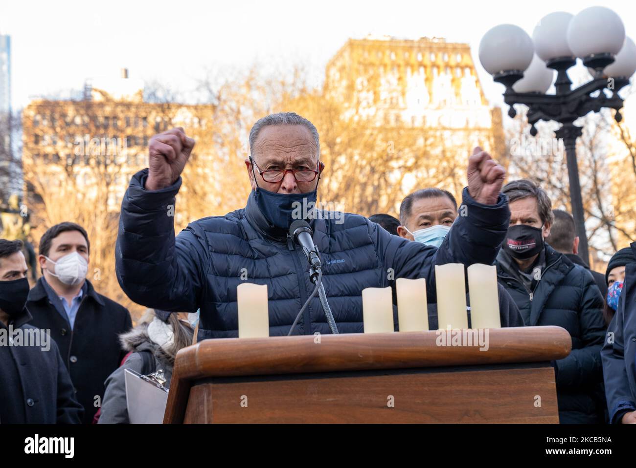 Senate Majority Leader Chuck Schumer of New York attends peace vigil for Atlanta Spa shooting victims of Asian hate at the Union Square in New York City, United States on March 19, 2021. (Photo by John Nacion/NurPhoto) Stock Photo