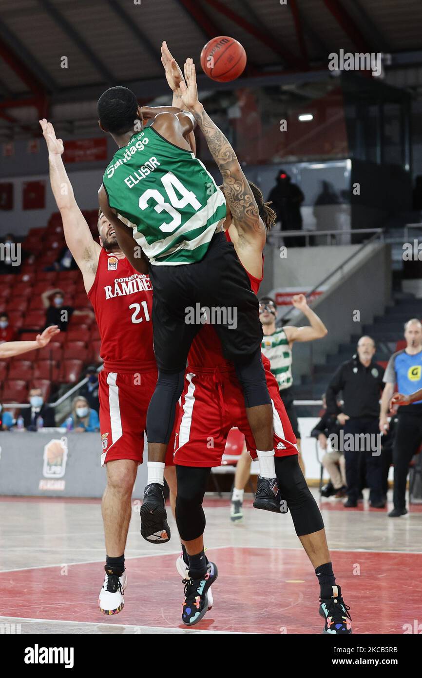 James Ellisor in action during the Basketball game between SL Benfica and  Sporting CP for Liga Placard at Pavilho Fidelidade, Lisboa, Portugal, 19,  March, 2021 (Photo by JoÃ£o Rico/NurPhoto Stock Photo -