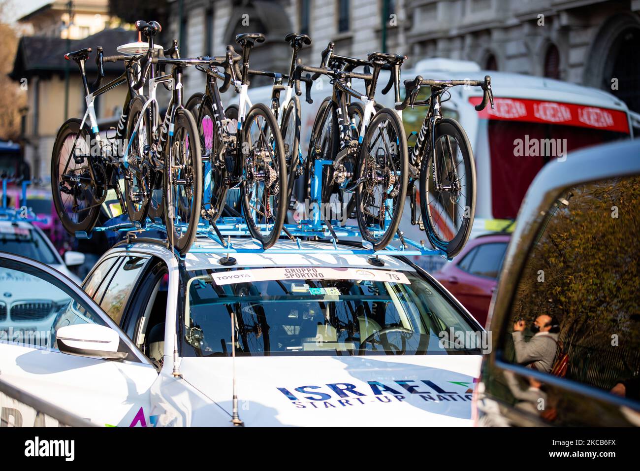The start of the one-day classic cycling race Milano-Sanremo 2021 in front of Castello Sforzesco on March 20, 2021 in Milan, Italy. (Photo by Alessandro Bremec/NurPhoto) Stock Photo