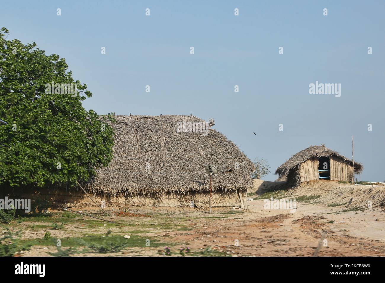 Village home constructed with mud and palm leaves in Velankanni, Tamil