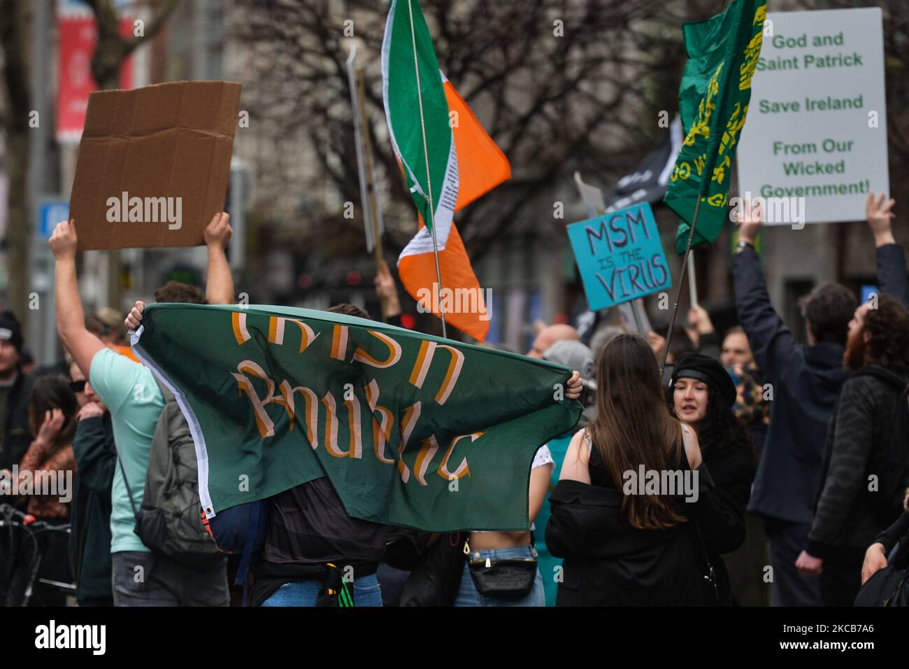 Protesters seen on O'Connell Street during an Anti-Lockdown and Anti-Vaccine rally on the World Freedom Day in Dublin. On Saturday, March 20, 2021, in Dublin, Ireland. (Photo by Artur Widak/NurPhoto) Stock Photo