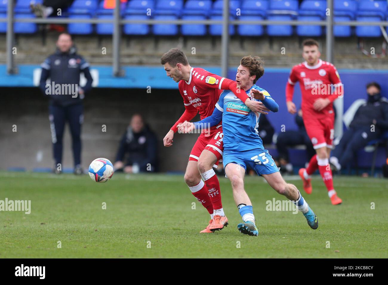 Luke James of Barrow in action with Crawley Town's Jordan Tunnicliffe during the Sky Bet League 2 match between Barrow and Crawley Town at the Holker Street, Barrow-in-Furness on Saturday 20th March 2021. (Photo by Mark Fletcher/MI News/NurPhoto) Stock Photo