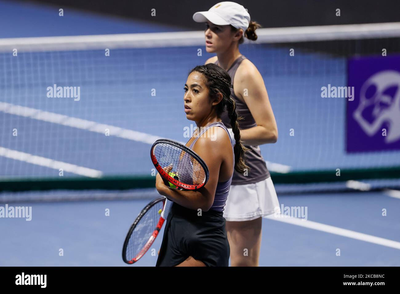 United States couple Kaitlyn Christian and Sabrina Santamaria (in front) during their WTA St. Petersburg Ladies Trophy 2021 tennis tournament women doubles final match against Nadiia Kichenok of Ukraine and Raluca Olaru of Romania on March 21, 2021 at Sibur Arena in Saint Petersburg, Russia. (Photo by Mike Kireev/NurPhoto) Stock Photo