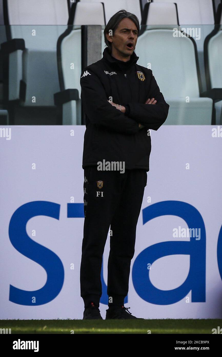 Benevento coach Filippo Inzaghi gestures during the Serie A football match n.28 JUVENTUS - BENEVENTO on March 21, 2021 at the Allianz Stadium in Turin, Piedmont, Italy. Final result: Juventus-Benevento 0-1. (Photo by Matteo Bottanelli/NurPhoto) Stock Photo