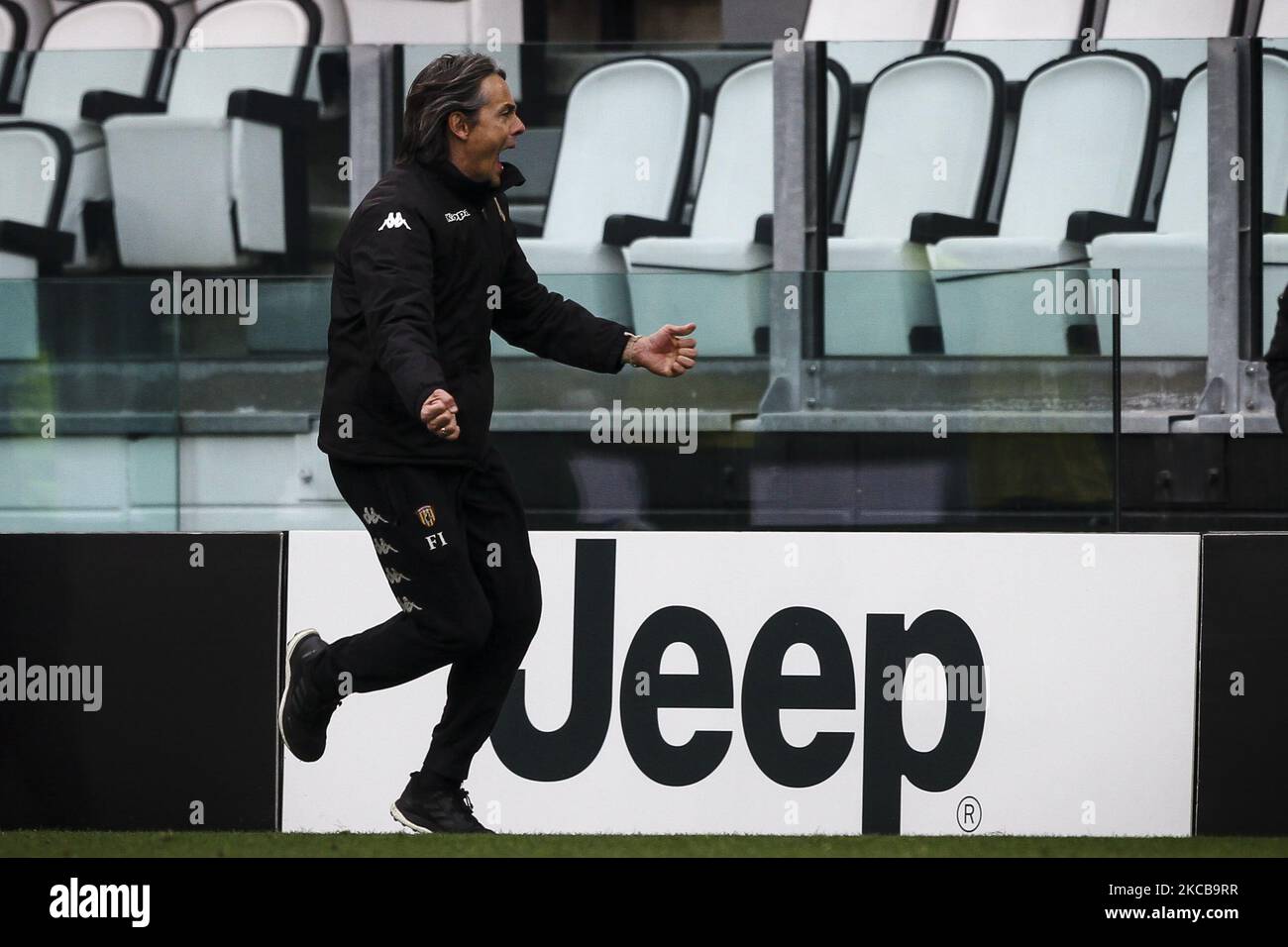 Benevento coach Filippo Inzaghi celebrates victory after the Serie A football match n.28 JUVENTUS - BENEVENTO on March 21, 2021 at the Allianz Stadium in Turin, Piedmont, Italy. Final result: Juventus-Benevento 0-1. (Photo by Matteo Bottanelli/NurPhoto) Stock Photo