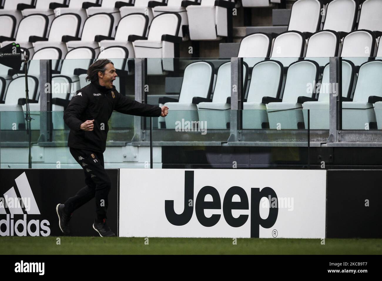 Benevento coach Filippo Inzaghi celebrates victory after the Serie A football match n.28 JUVENTUS - BENEVENTO on March 21, 2021 at the Allianz Stadium in Turin, Piedmont, Italy. Final result: Juventus-Benevento 0-1. (Photo by Matteo Bottanelli/NurPhoto) Stock Photo
