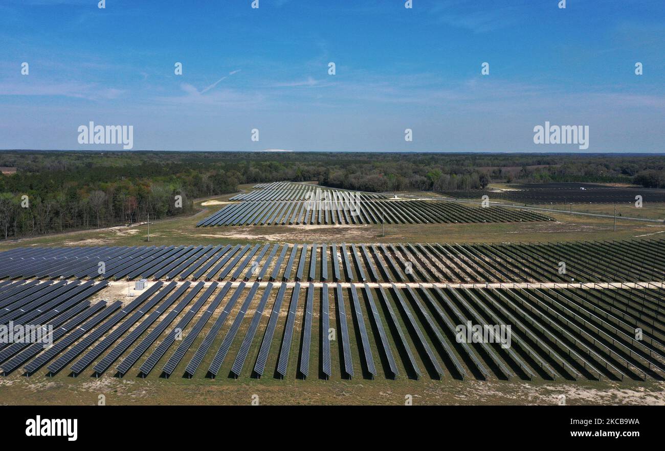 In this aerial view from a drone, the Florida Power & Light Echo River Solar Energy Center is