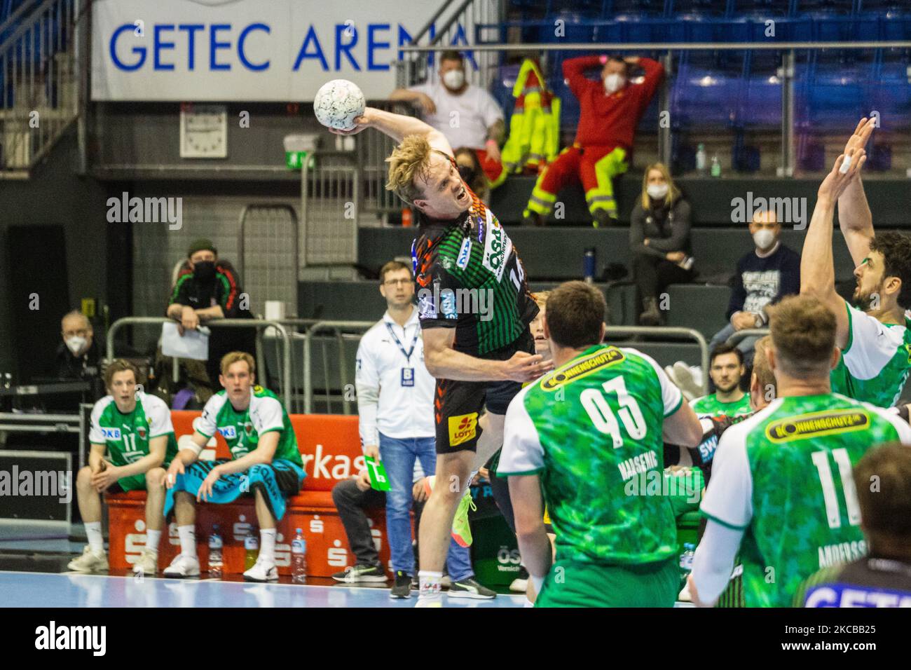 Omar Ingi Magnusson of SC Magdeburg controls the ball during the LIQUI MOLY Handball-Bundesliga match between SC Magdeburg and Fuechse Berlin at GETEC-Arena on March 21, 2021 in Magdeburg, Germany. (Photo by Peter Niedung/NurPhoto) Stock Photo