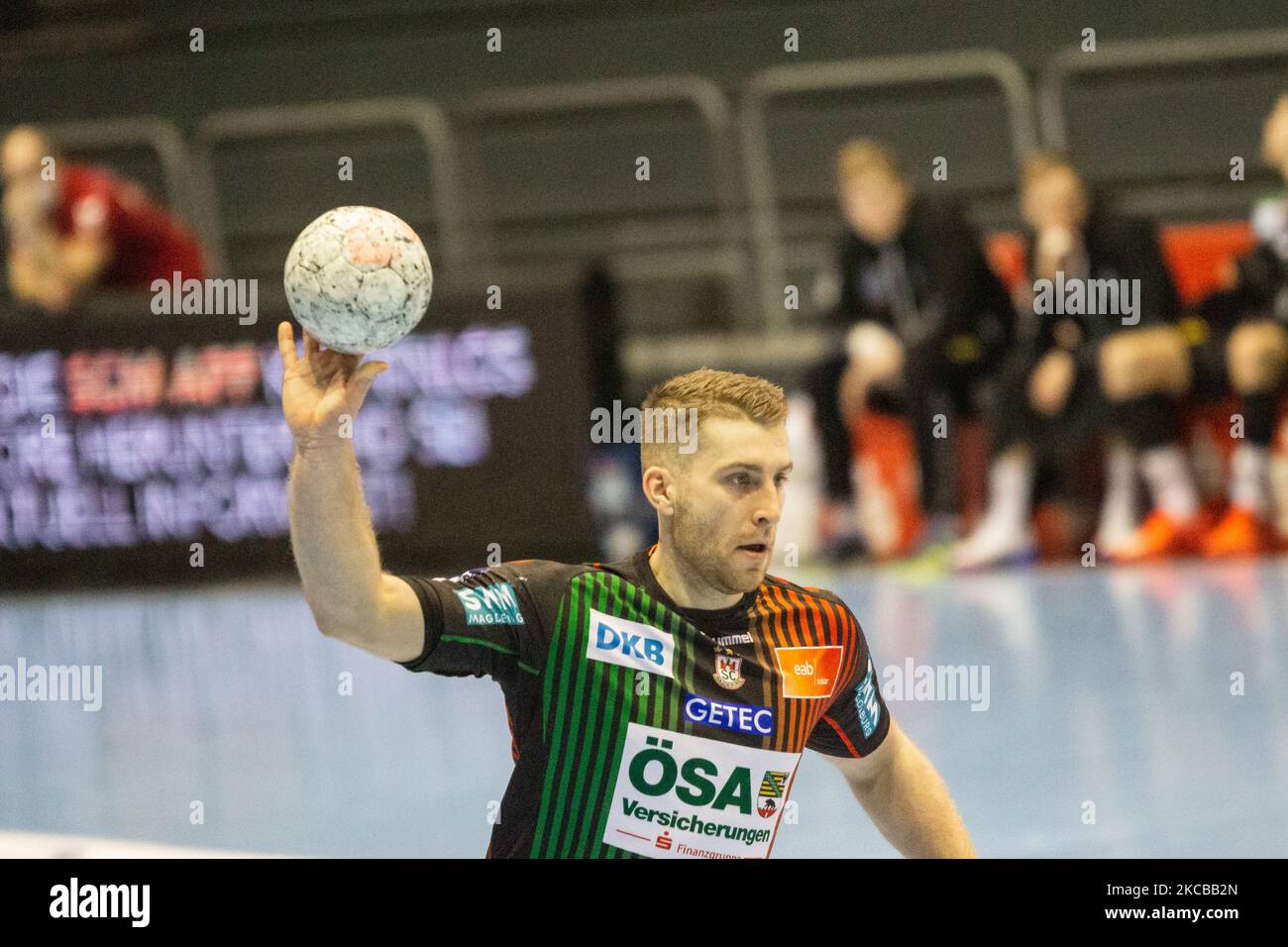Lukas Mertens of SC Magdeburg controls the ball during the LIQUI MOLY Handball-Bundesliga match between SC Magdeburg and Fuechse Berlin at GETEC-Arena on March 21, 2021 in Magdeburg, Germany. (Photo by Peter Niedung/NurPhoto) Stock Photo