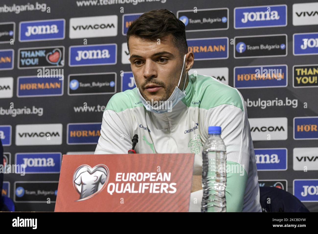 Swiss national team player Granit Xhaka attend a press conference in Sofia, Bulgaria, 24 March 2021. Switzerland will face Bulgaria in their FIFA World Cup 2022 qualification group C soccer match on 25 March 2021. (Photo by Georgi Paleykov/NurPhoto) Stock Photo