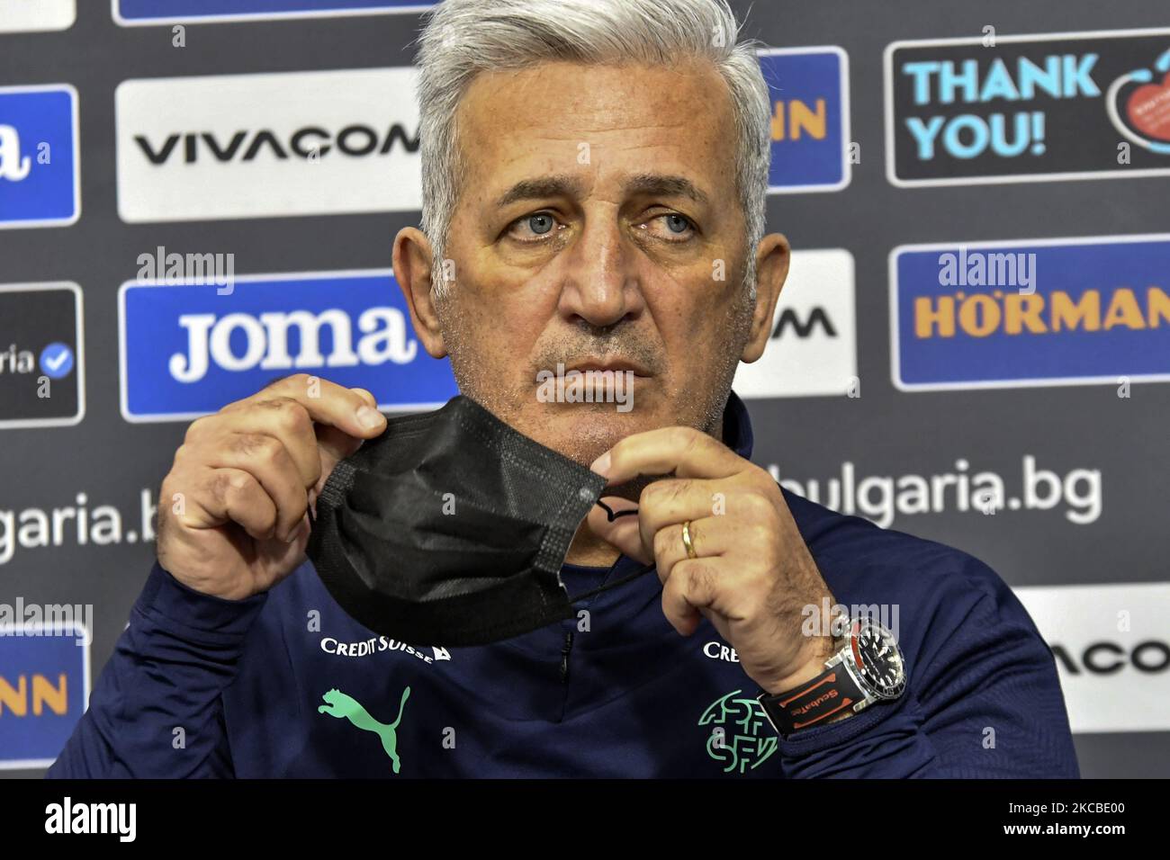 Swiss national soccer team head coach Vladimir Petkovic attend a press conference in Sofia, Bulgaria, 24 March 2021. Switzerland will face Bulgaria in their FIFA World Cup 2022 qualification group C soccer match on 25 March 2021. (Photo by Georgi Paleykov/NurPhoto) Stock Photo