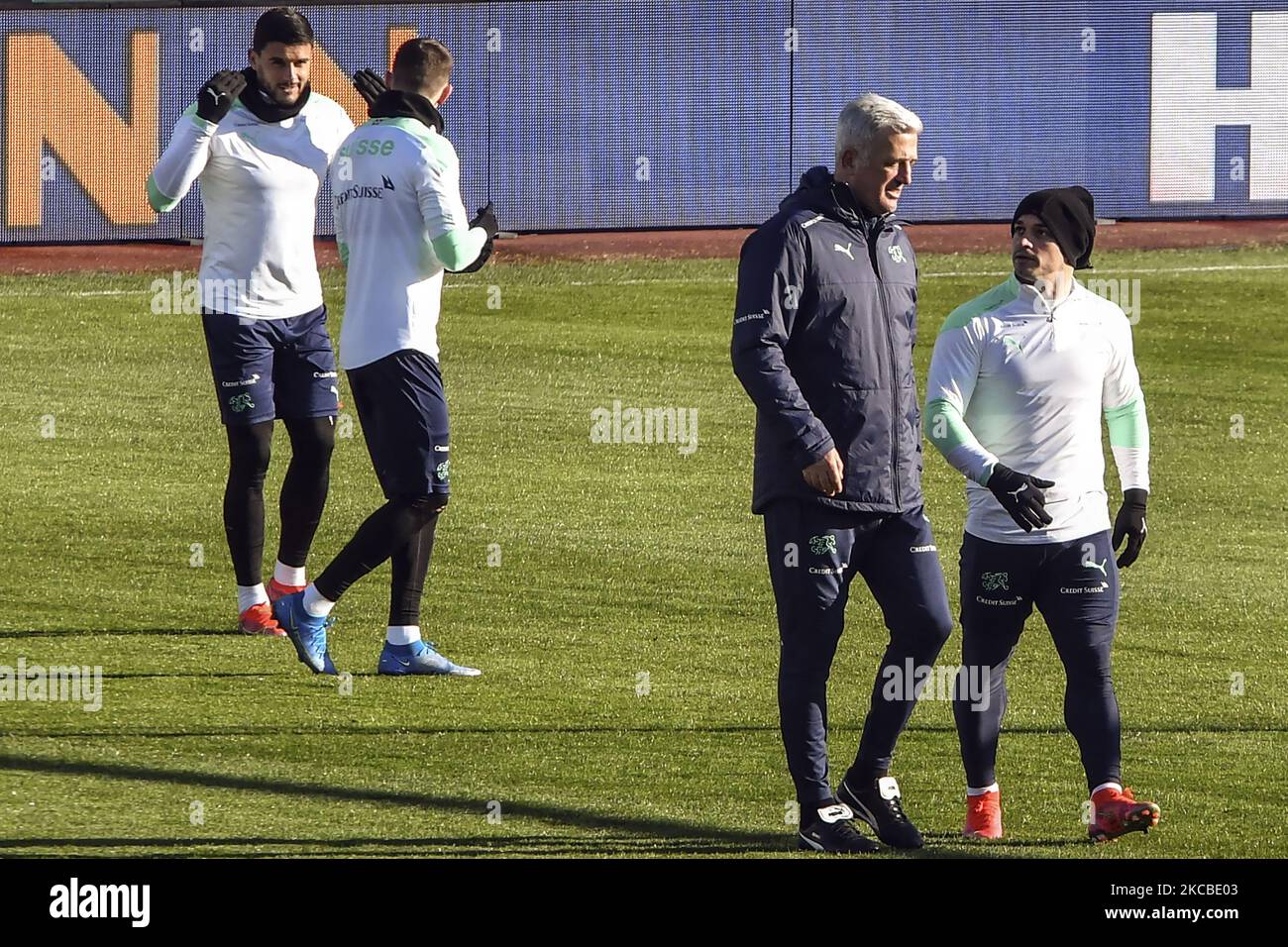 Swiss national soccer team head coach Vladimir Petkovic with player Xherdan Shaqiri during training session in Sofia, Bulgaria, 24 March 2021. Switzerland will face Bulgaria in their FIFA World Cup 2022 qualification group C soccer match on 25 March 2021. (Photo by Georgi Paleykov/NurPhoto) Stock Photo