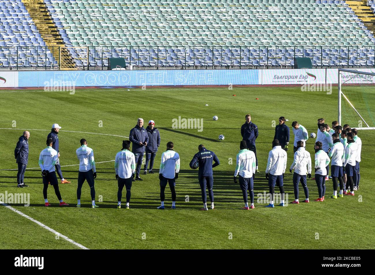 Swiss national soccer team head coach Vladimir Petkovic with players of Switzerland attend their team's training session in Sofia, Bulgaria, 24 March 2021. Switzerland will face Bulgaria in their FIFA World Cup 2022 qualification group C soccer match on 25 March 2021. (Photo by Georgi Paleykov/NurPhoto) Stock Photo
