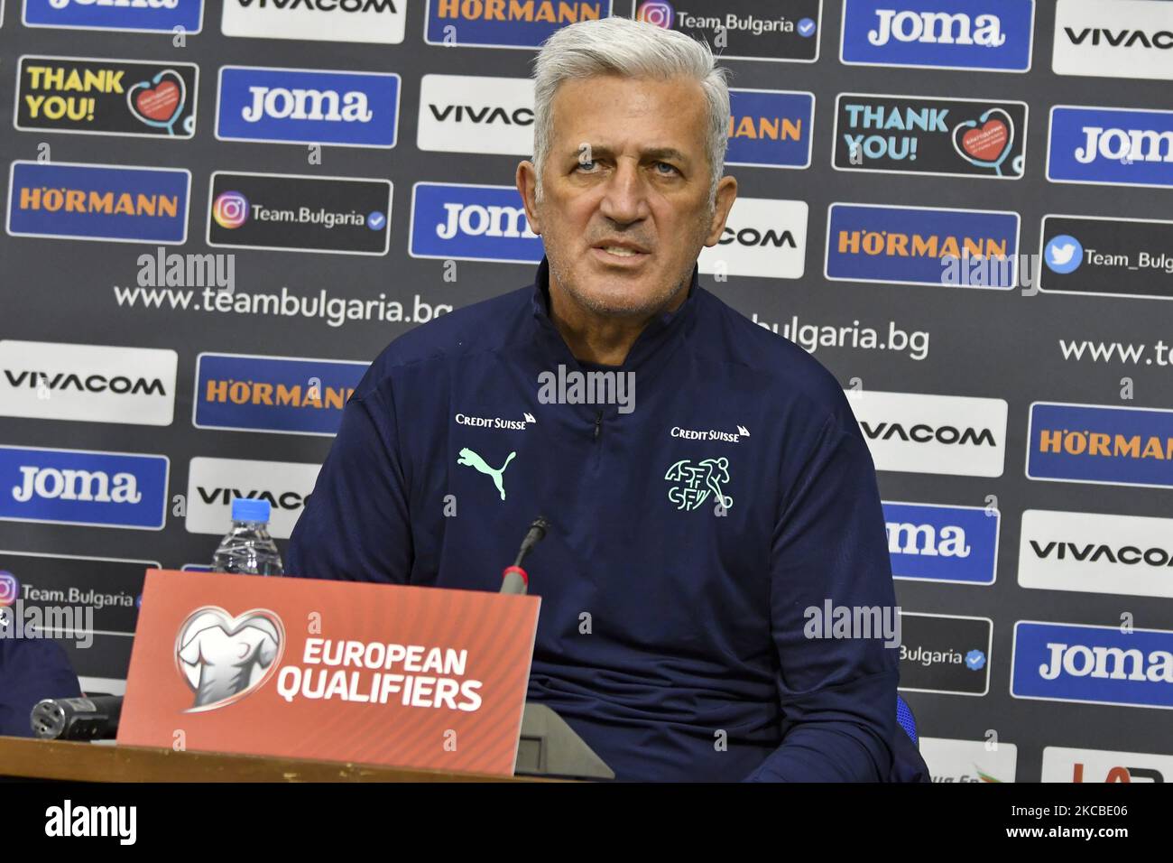 Swiss national soccer team head coach Vladimir Petkovic attend a press conference in Sofia, Bulgaria, 24 March 2021. Switzerland will face Bulgaria in their FIFA World Cup 2022 qualification group C soccer match on 25 March 2021. (Photo by Georgi Paleykov/NurPhoto) Stock Photo