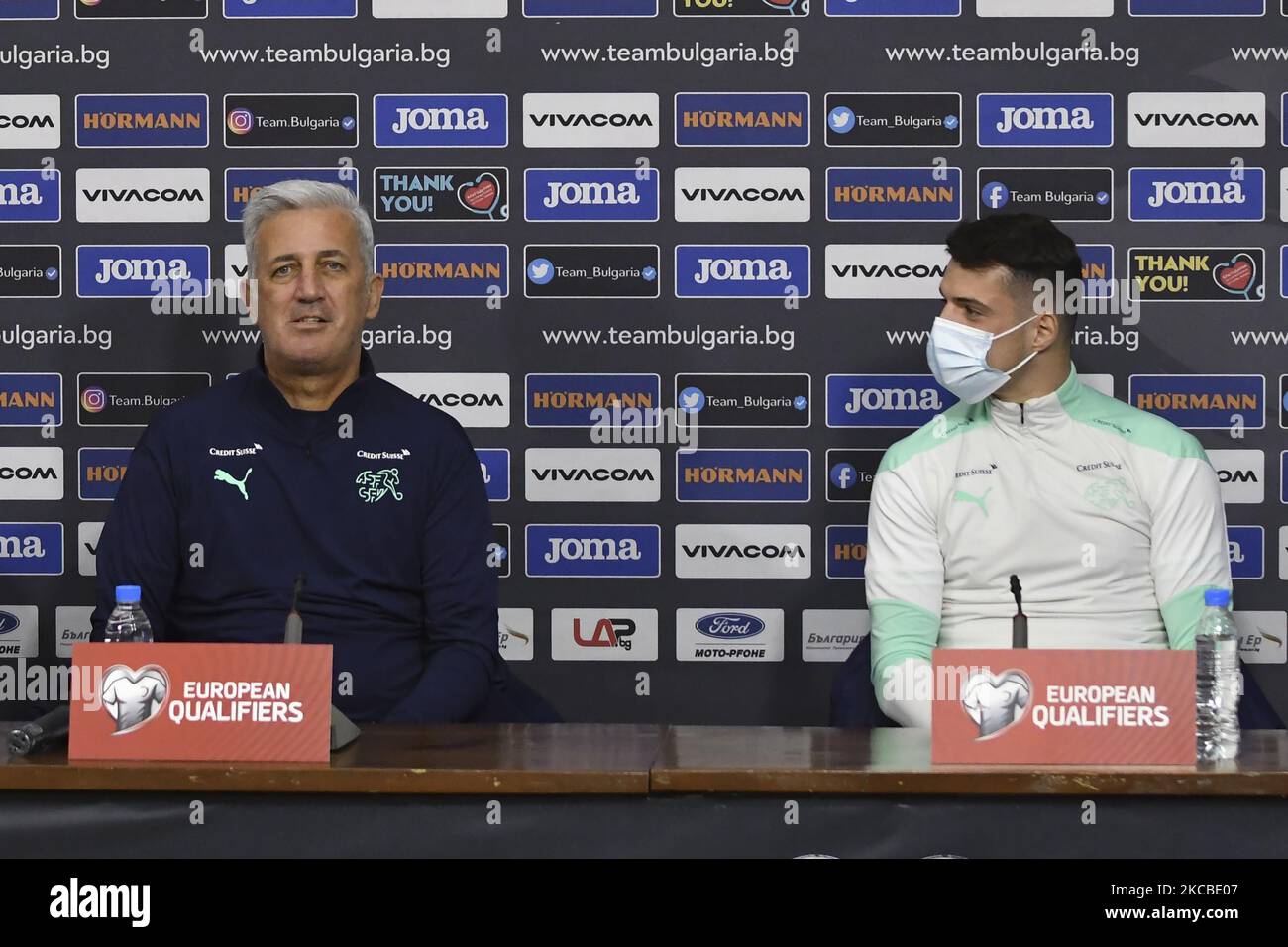 Swiss national soccer team head coach Vladimir Petkovic and Granit Xhaka attend a press conference in Sofia, Bulgaria, 24 March 2021. Switzerland will face Bulgaria in their FIFA World Cup 2022 qualification group C soccer match on 25 March 2021. (Photo by Georgi Paleykov/NurPhoto) Stock Photo